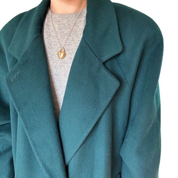 Vintage Ann Milstein Emerald Green Wool Exaggerated Shoulders Trench Coat Sz XL - Picture 6 of 12